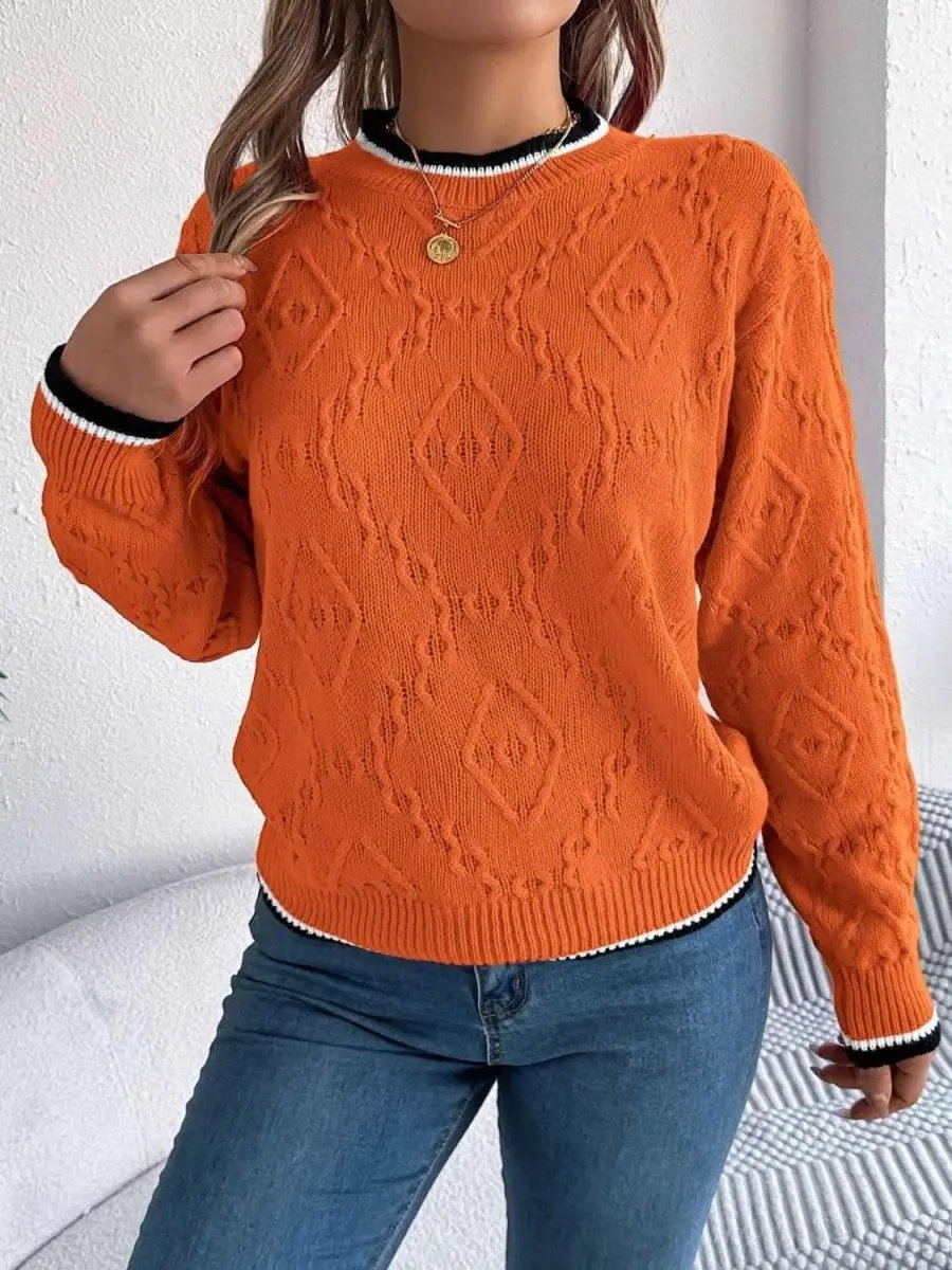 Contrast Trim Round Neck Long Sleeve Sweater - Love Salve